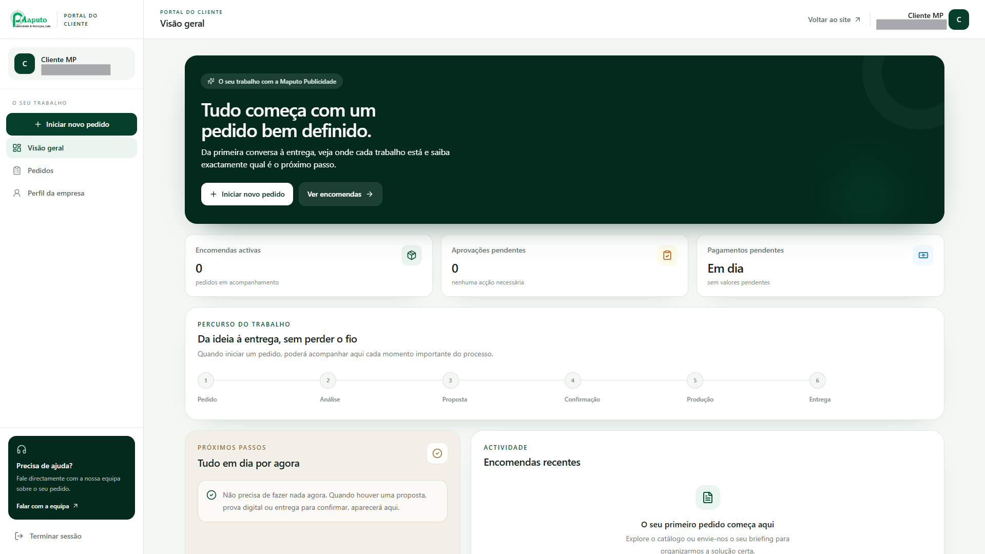 Maputo Publicidade customer portal desktop dashboard